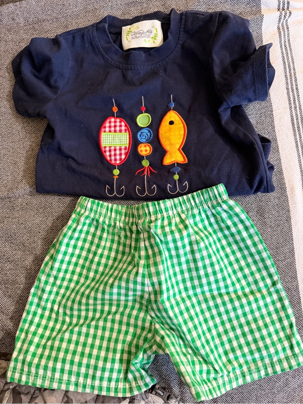 Navy Fish Applique Kids Pajama Set with Green Gingham Shorts by (no brand)